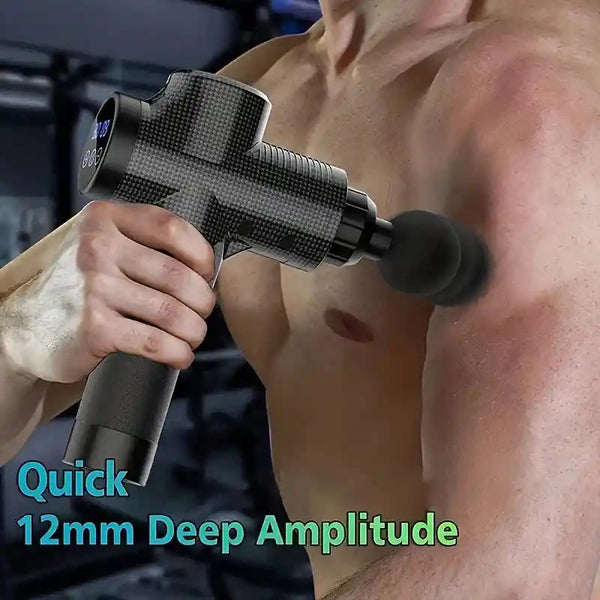 sing a professional massage gun for deep tissue massage on legs and arms.