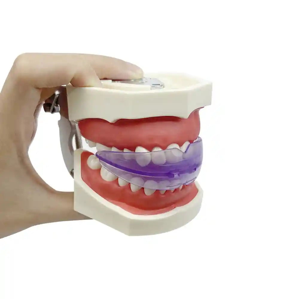 Adult wearing transparent teeth trainer aligner for orthodontic treatment at home