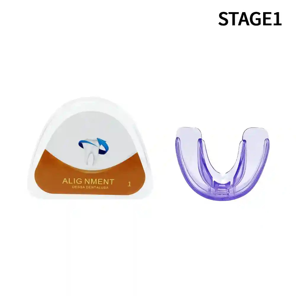 Adult wearing transparent teeth trainer aligner for orthodontic treatment at home