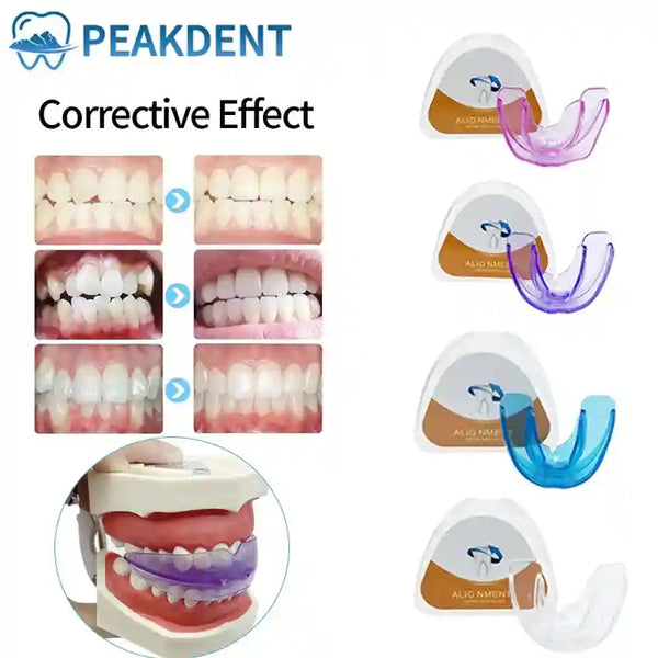 Adult wearing transparent teeth trainer aligner for orthodontic treatment at home