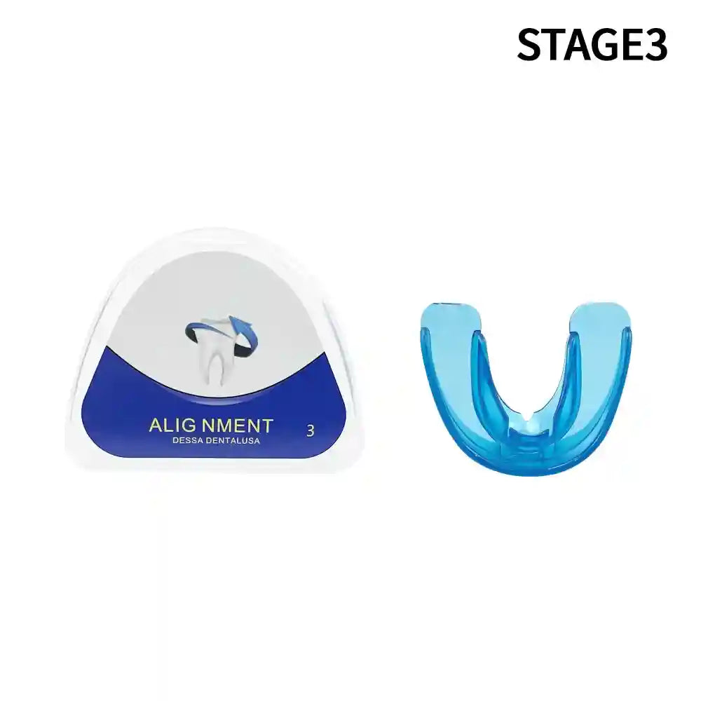 Adult wearing transparent teeth trainer aligner for orthodontic treatment at home