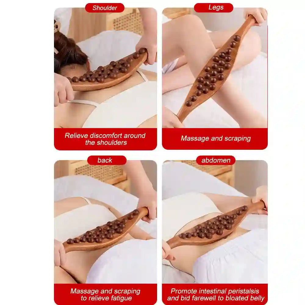 Wooden Gua Sha tool for facial lymphatic drainage and skin rejuvenation.