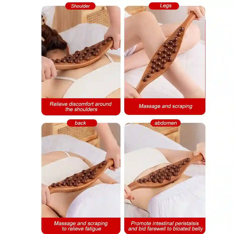 Wooden Gua Sha tool for facial lymphatic drainage and skin rejuvenation.