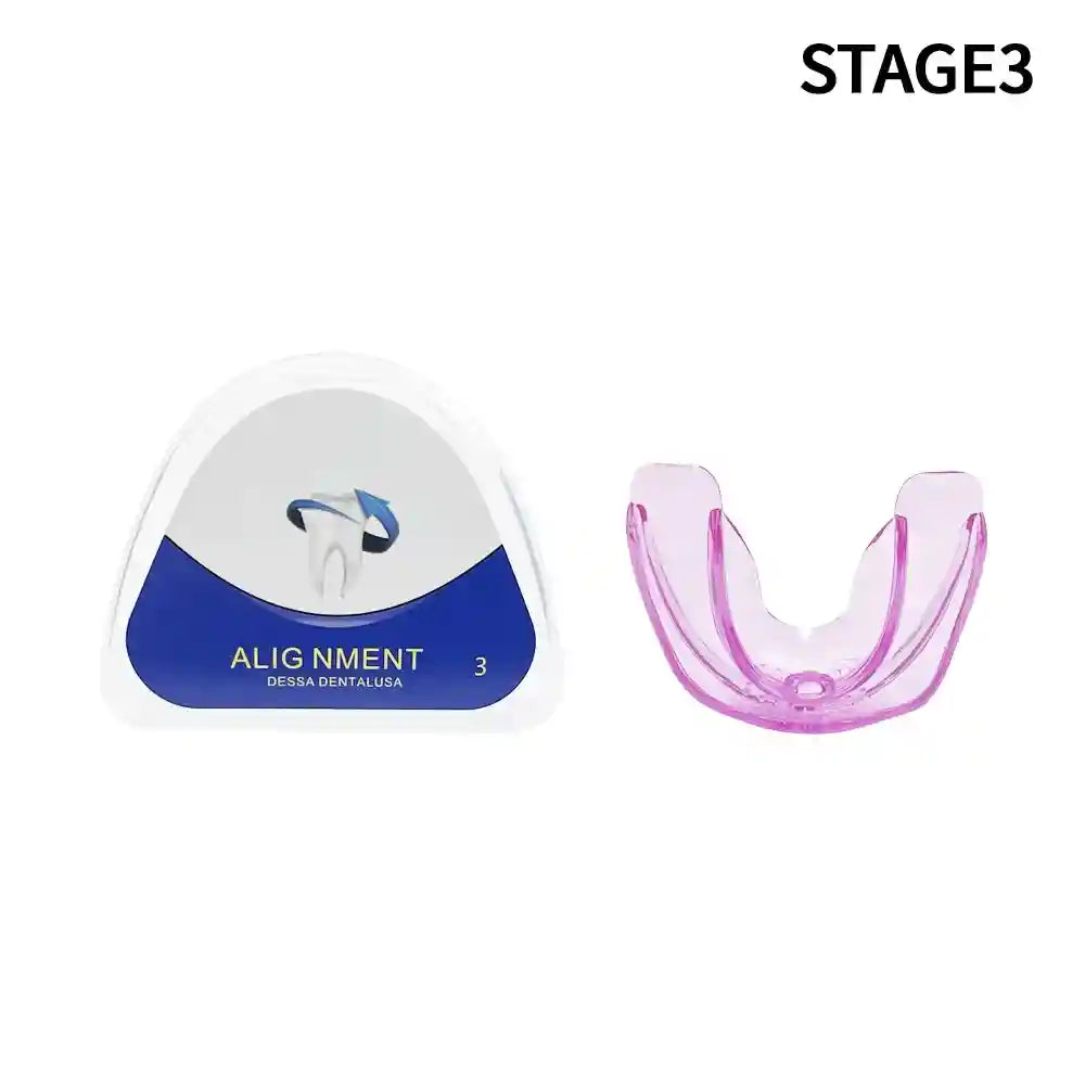 Adult wearing transparent teeth trainer aligner for orthodontic treatment at home