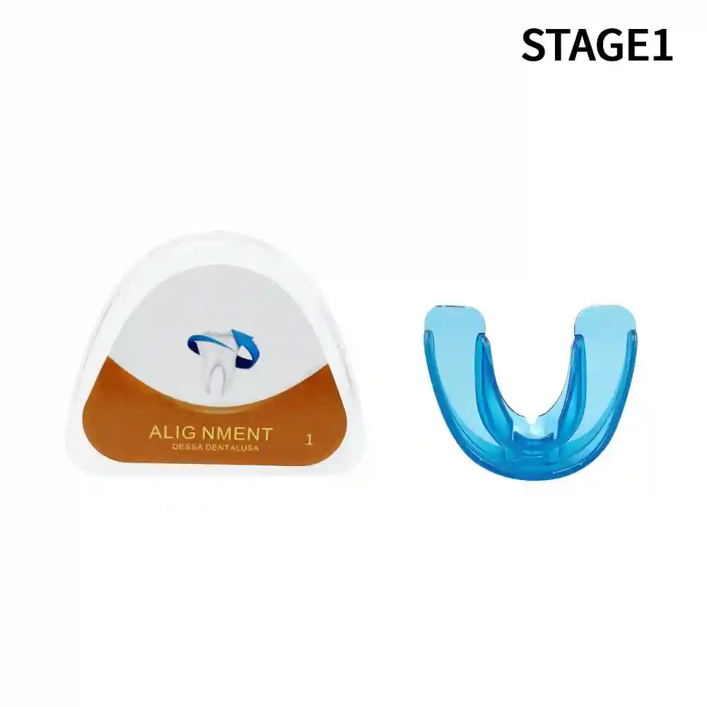 Adult wearing transparent teeth trainer aligner for orthodontic treatment at home