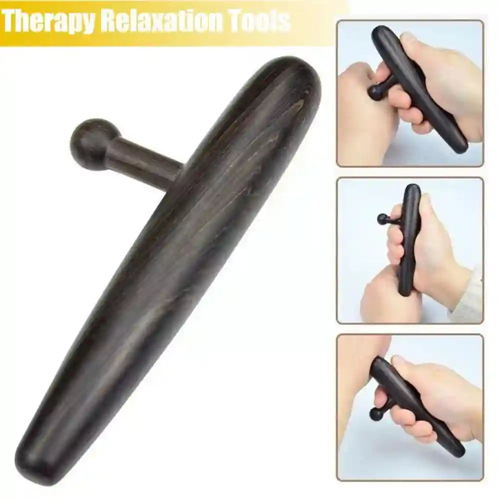 Professional massage therapist using the deep tissue tool to relieve tension in a client’s back.