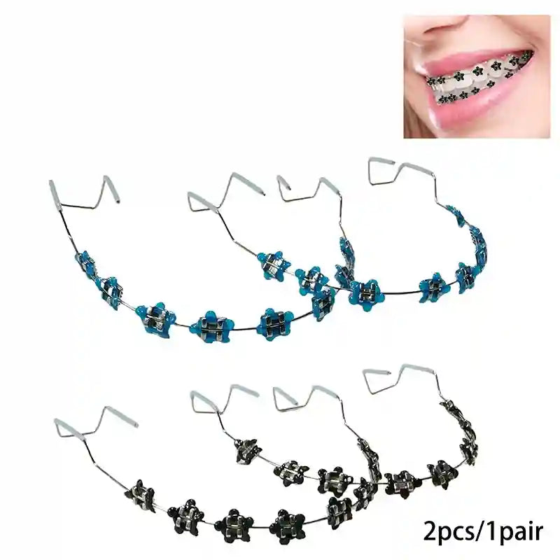 Wearing colorful fake braces for a fun, fashionable look at a photoshoot or party.