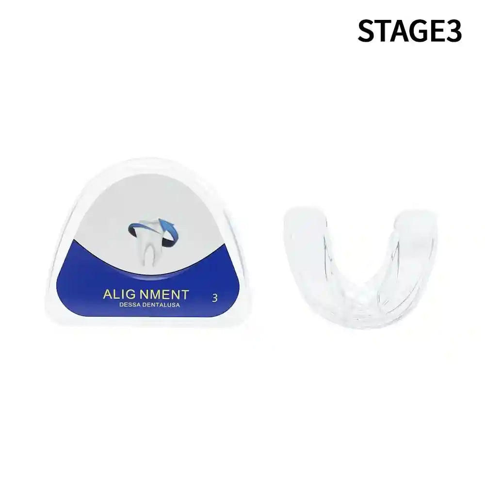 Adult wearing transparent teeth trainer aligner for orthodontic treatment at home