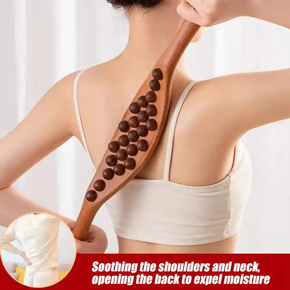 Wooden Gua Sha tool for facial lymphatic drainage and skin rejuvenation.