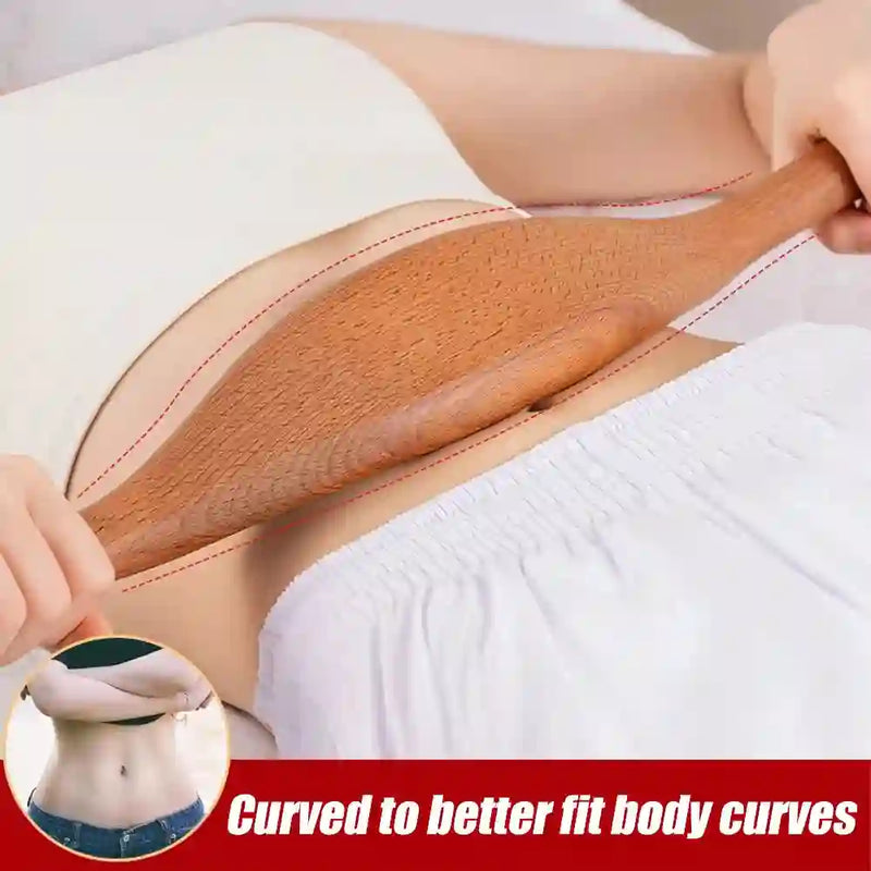 Wooden Gua Sha tool for facial lymphatic drainage and skin rejuvenation.