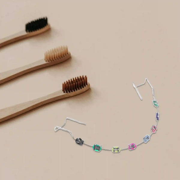 Metal brackets, chain ties, and arch wire applied to teeth correction model for training.