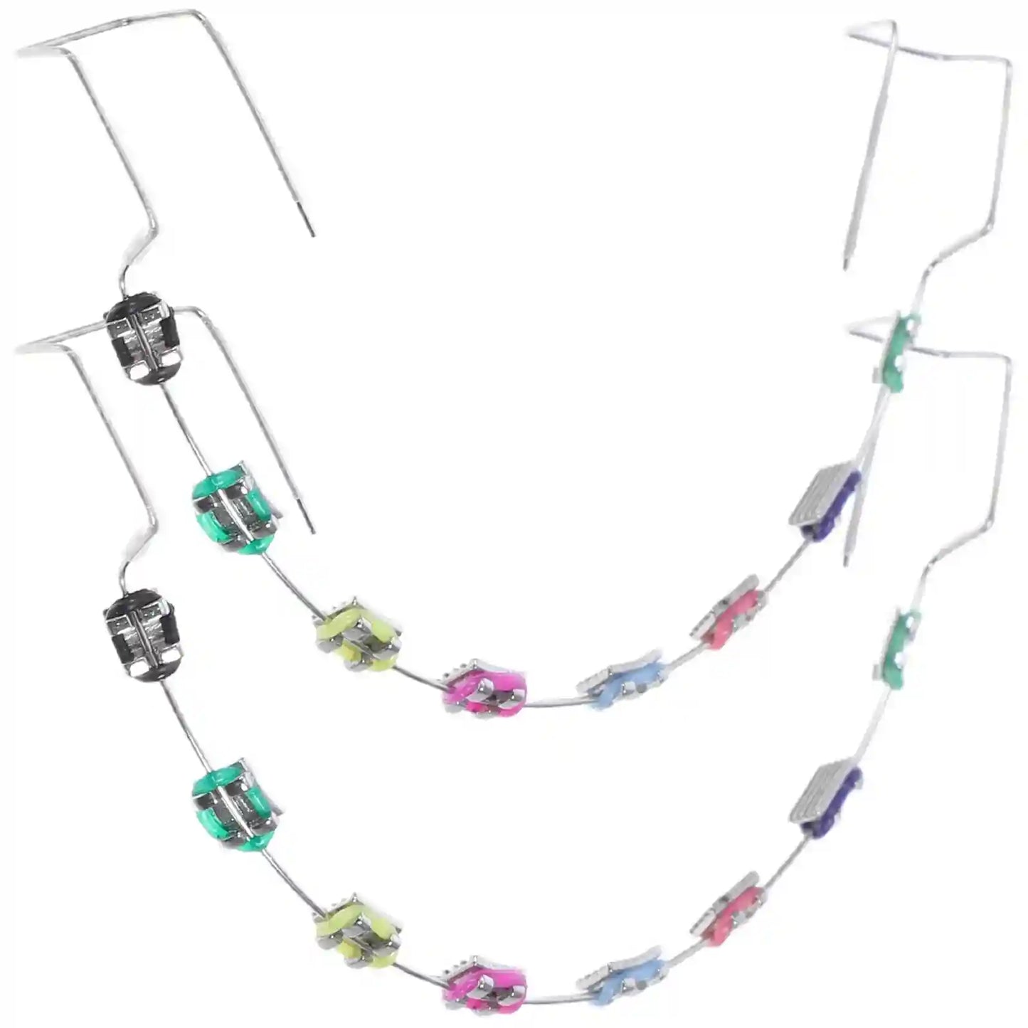 Metal brackets, chain ties, and arch wire applied to teeth correction model for training.
