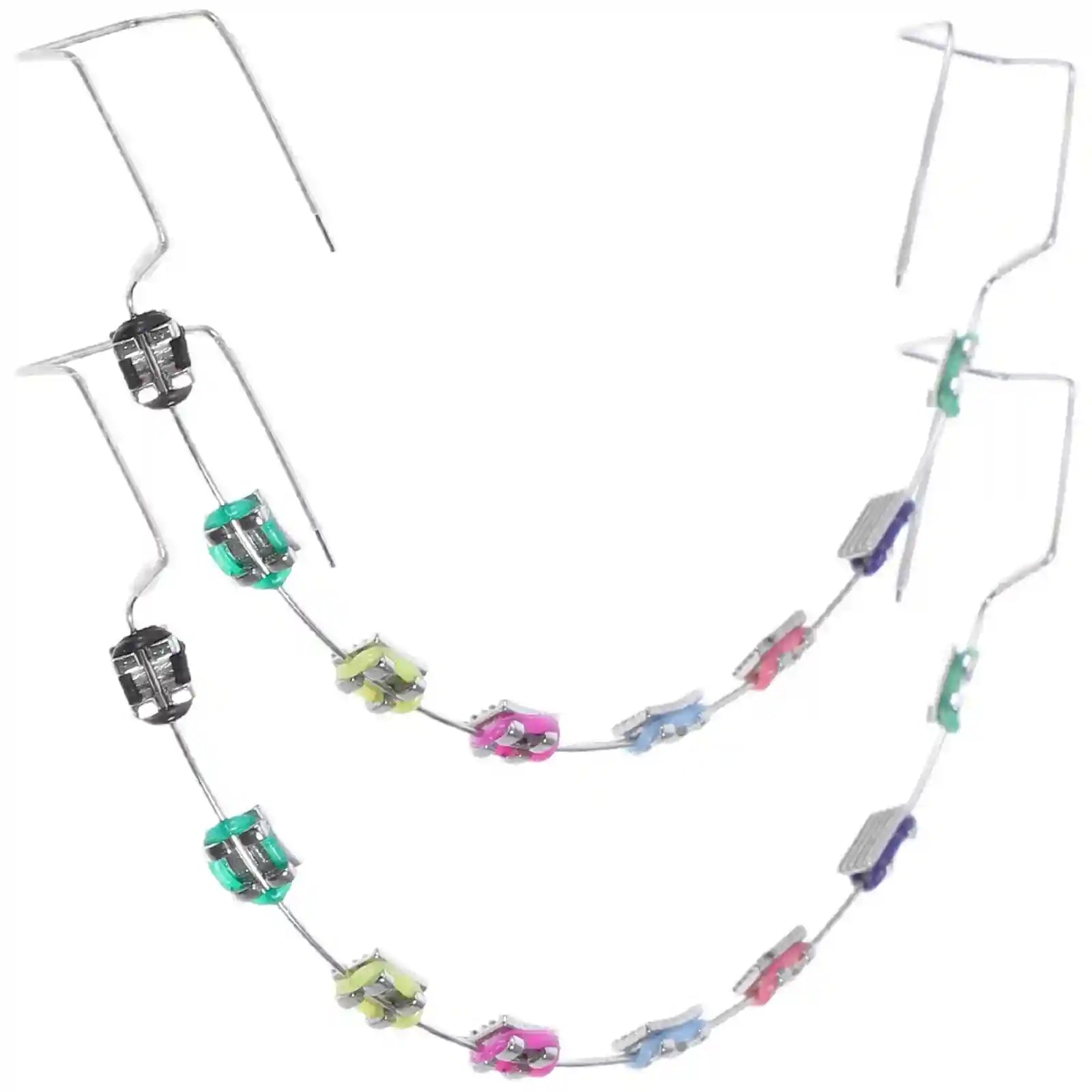 Metal brackets, chain ties, and arch wire applied to teeth correction model for training.