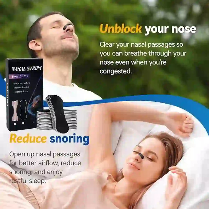 Couple enjoying snore-free sleep with anti-snoring nasal strips.