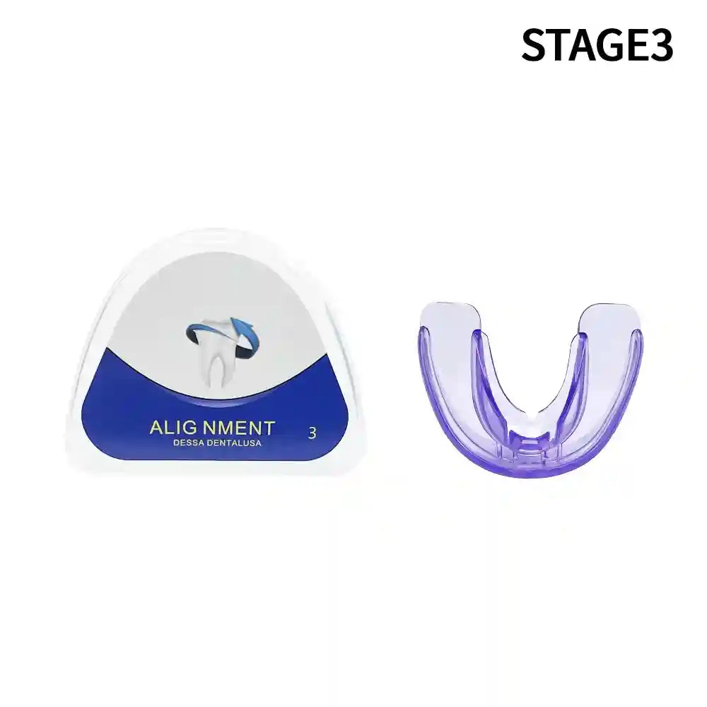 Adult wearing transparent teeth trainer aligner for orthodontic treatment at home