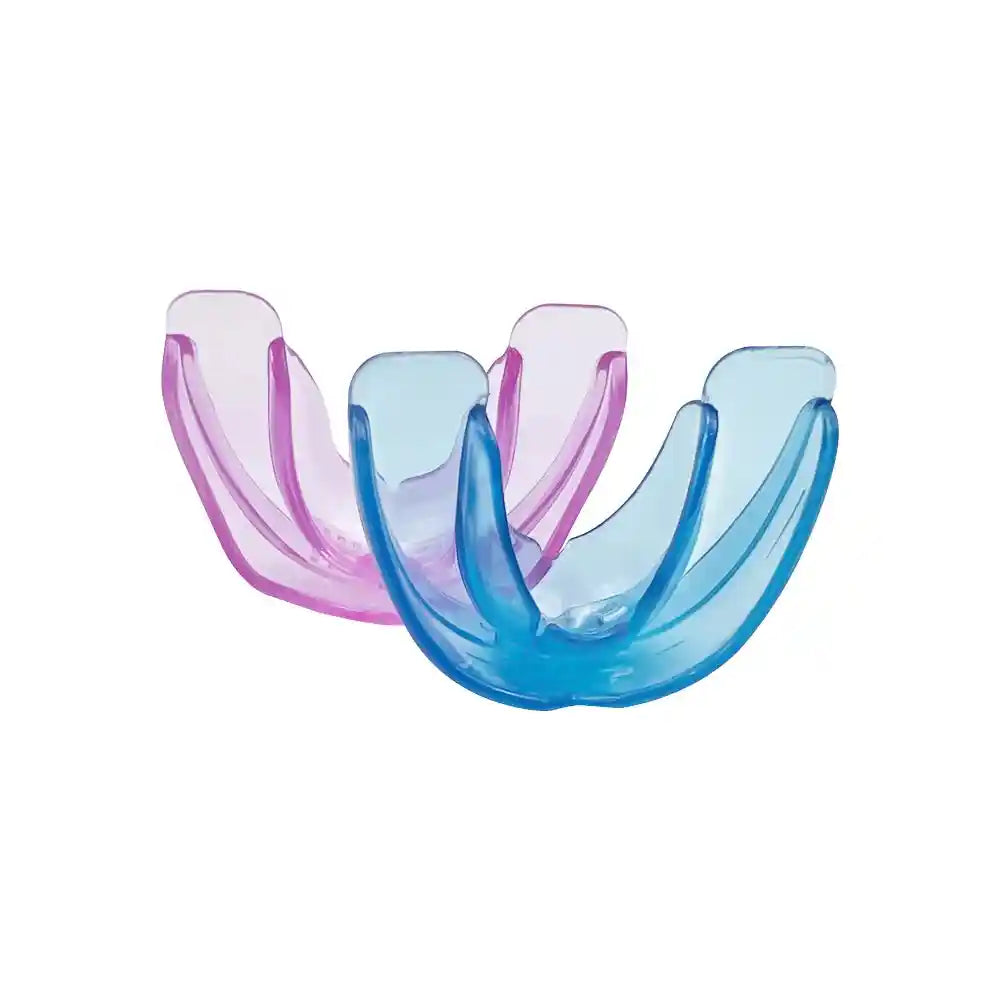 Adult wearing transparent teeth trainer aligner for orthodontic treatment at home