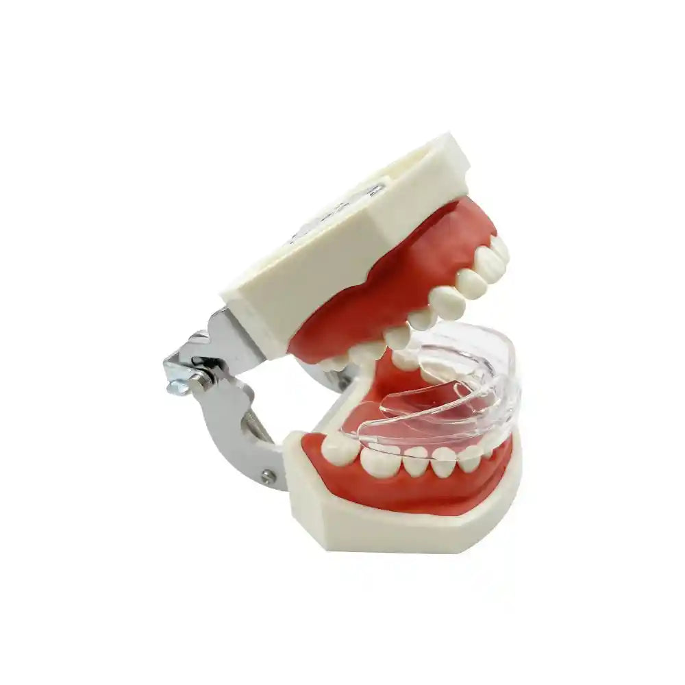 Adult wearing transparent teeth trainer aligner for orthodontic treatment at home