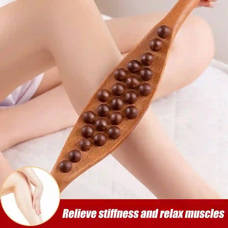 Wooden Gua Sha tool for facial lymphatic drainage and skin rejuvenation.