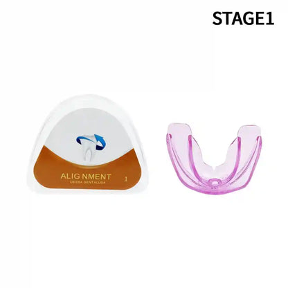 Adult wearing transparent teeth trainer aligner for orthodontic treatment at home