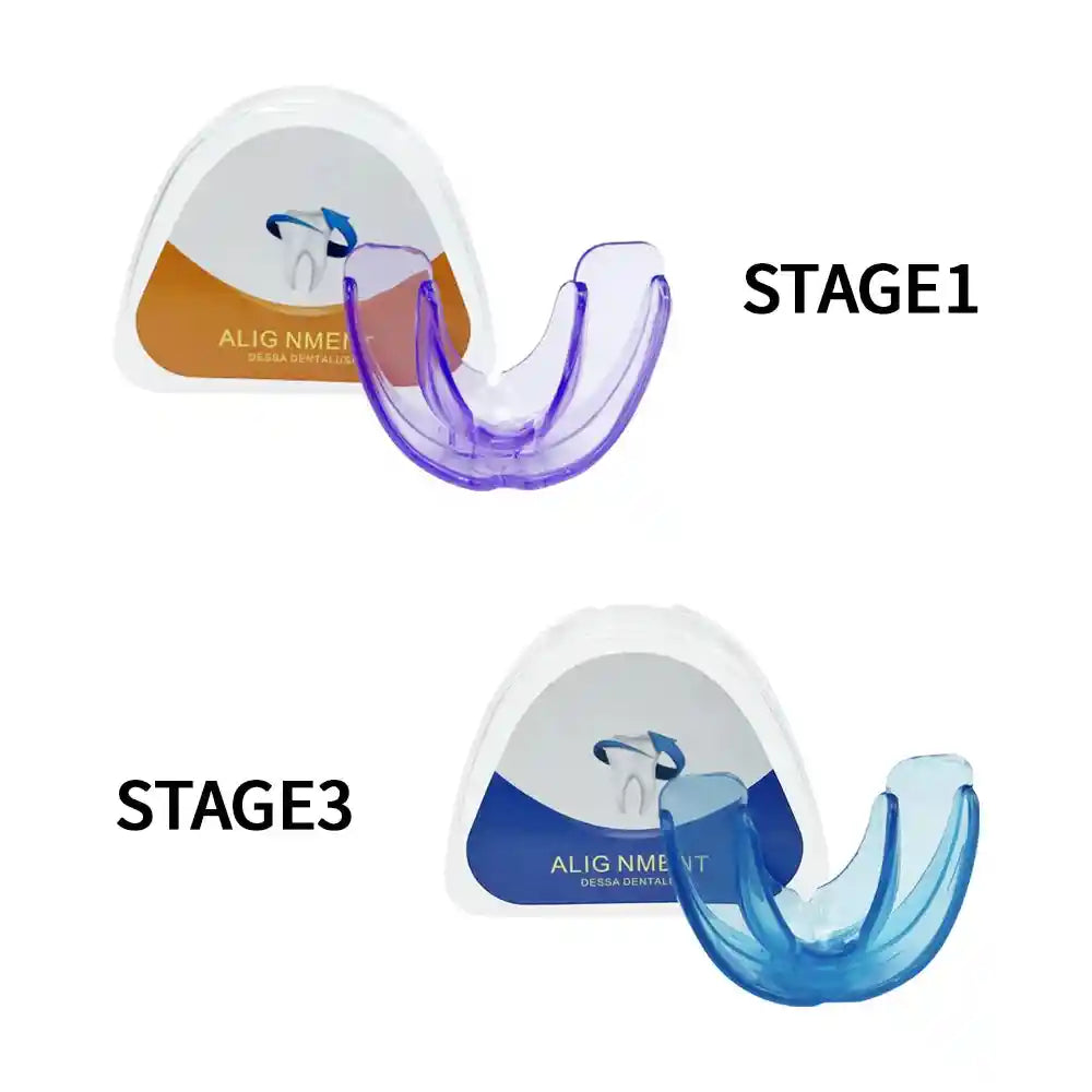 Adult wearing transparent teeth trainer aligner for orthodontic treatment at home