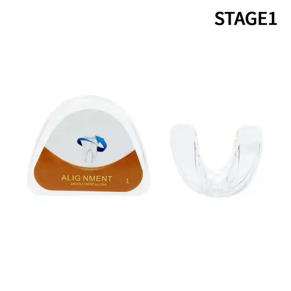 Adult wearing transparent teeth trainer aligner for orthodontic treatment at home