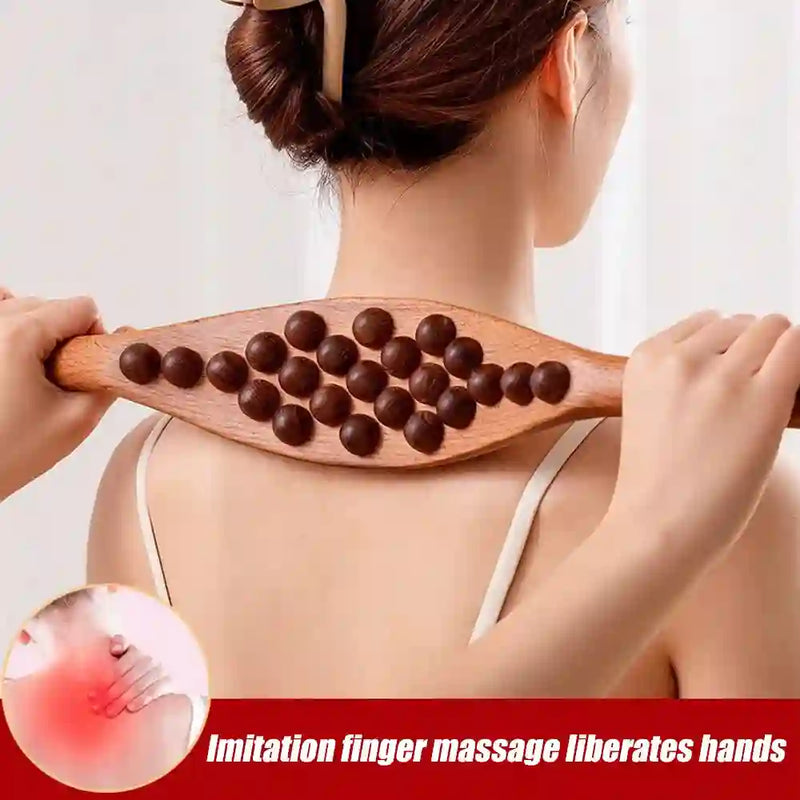 Wooden Gua Sha tool for facial lymphatic drainage and skin rejuvenation.