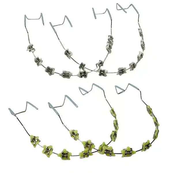 Wearing colorful fake braces for a fun, fashionable look at a photoshoot or party.