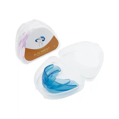 Adult wearing transparent teeth trainer aligner for orthodontic treatment at home